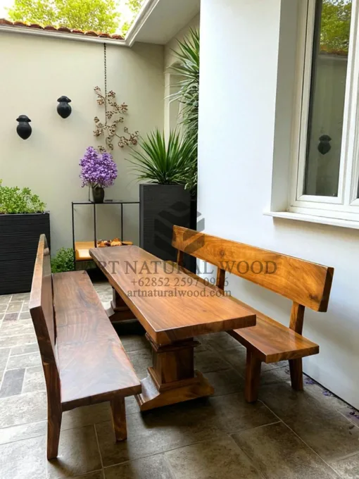 set meja bangku panjang unik kayu trembesi solid
