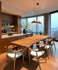 set meja makan kayu trembesi utuh 2 meter 5 kursi makan 1 bangku